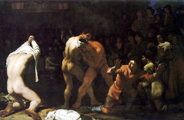 The ancient sport of wrestling was even documented in Homer's Iliad.  Pictured is "The Wrestling Match" painted in 1649 by Flemish artist Michael Sweerts (also known as Michiel Sweerts).  It gives a real sense of the participants as well as the spectators.  With regards to wrestling as a sport and form of entertainment, the same dynamics are in play today!